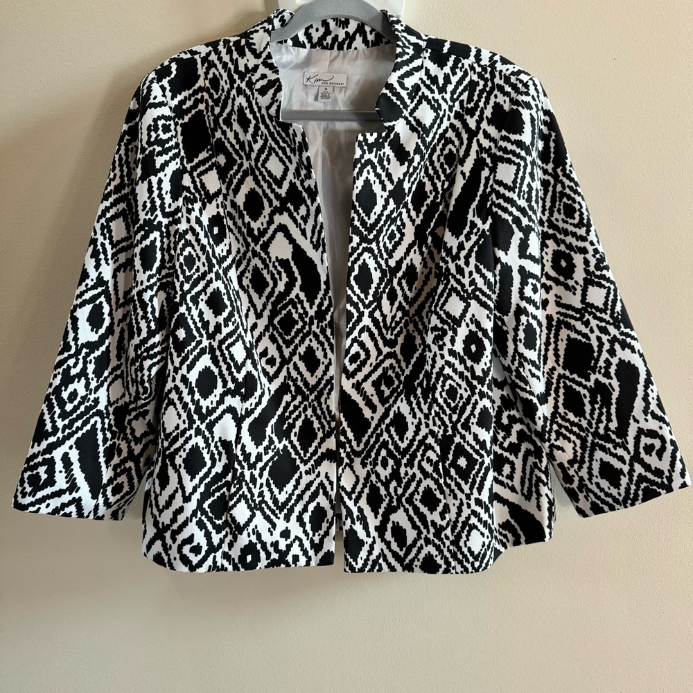 Kim Rogers Womens Black White Abstract Lined Blazer Jacket Size 14 Career Office